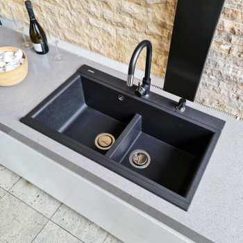 Set Chiuveta bucatarie granit dubla cu 2 cuve CookingAid Kinga LX8620 860x510x235mm Neagra / Black Metal quartz cu Ventil Invizibil