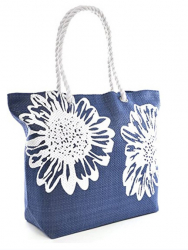 Geanta pentru plaja albastru inchis cu flori albe 46 x 34.5 cm BB0865C 