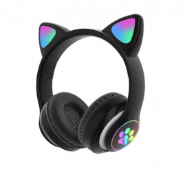 Casti wireless pliabile Urechi de pisica Bluetooth 5.0 Handsfree HiFi Bass Stereo LED TF Negru