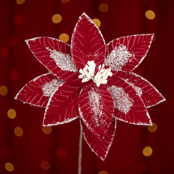 Floare decorativa pentru Craciun din catifea Rosu nins