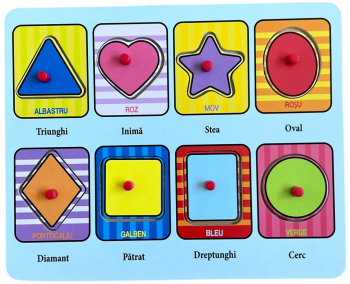 Puzzle educational cu forme geometrice 8 piese din lemn cu maner ajutator limba romana JMB-BBL6024 