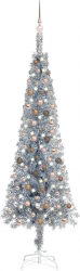 Brad de Craciun subtire cu LED-uri si globuri argintiu 240 cm 