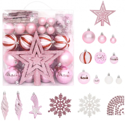 Set globuri de Craciun 65 piese roz / rosu / alb 