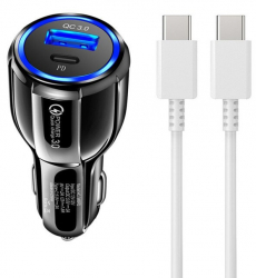Kit incarcator Auto 1x USB si 1x C + Cablu C-C Negru