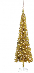 Pom de Craciun subtire cu LED-uri si globuri auriu 240 cm 