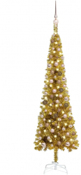 Set pom de Craciun subtire cu LED-uri si globuri auriu 150 cm 