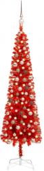 Set pom de Craciun subtire cu LED-uri si globuri rosu 150 cm 