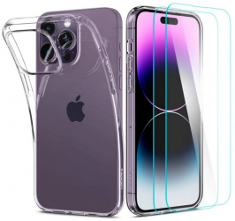 Set carcasa Spigen Liquid Crystal si 2 folii GLAStR SLIM compatibil cu iPhone 14 Pro Crystal Clear 