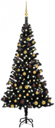 Brad de Craciun artificial LED-uri/globuri negru 180 cm PVC 