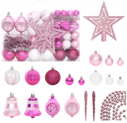 Set globuri de Craciun 108 piese alb si roz 