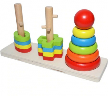 Jucarie educativa pentru bebelusi din lemn copac curcubeu cu cercuri si forme Multicolor 