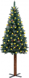 Brad de Craciun subtire cu LED and lemn natural and zapada verde 150cm 