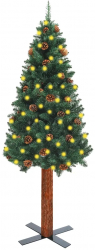 Pom Craciun subtire LED-uri and lemn natural and conuri verde 150 cm 