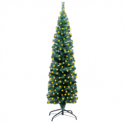 Brad de Craciun artificial subtire LED and suport verde 120 cm PVC 