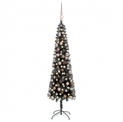 Brad de Craciun artificial subtire LED-uri and globuri negru 150 cm 