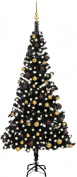 Set brad Craciun artificial cu LED-uri and globuri negru 210 cm PVC 