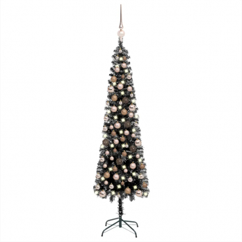 Set pom de Craciun subtire cu LED-uri si globuri negru 210 cm 