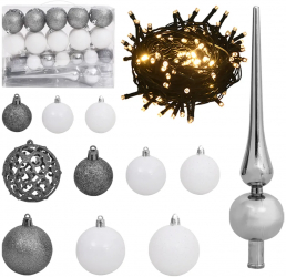 Set globuri Craciun cu varf and 150 LED-uri 61 piese alb and gri 