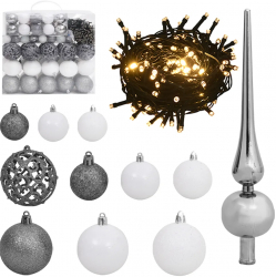 Set globuri Craciun cu varf and 300 LED-uri 120 piese alb and gri 