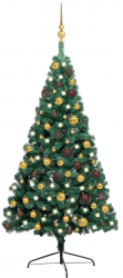 Brad Craciun artificial jumatate LED and globuri verde 120 cm 