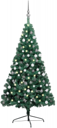 Brad Craciun artificial jumatate set LED and globuri verde 120 cm 