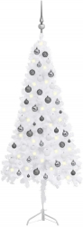 Brad de Craciun artificial de colt LED and globuri alb 150 cm PVC 