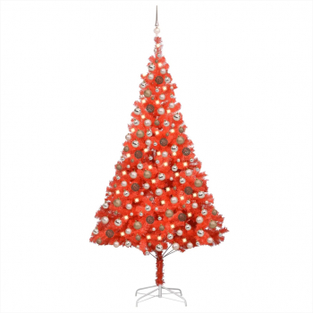 Brad de Craciun artificial LED-uri and globuri rosu 210 cm PVC 