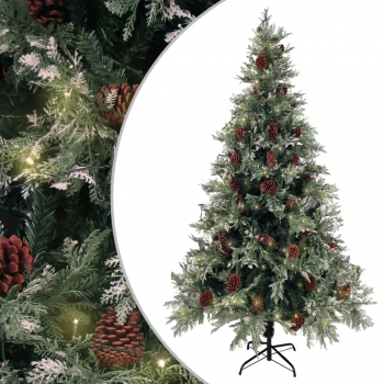 Brad de Craciun cu LED-uri and conuri de pin verde and alb 195cm PVC and PE 