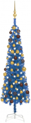 Set pom de Craciun subtire cu LED-uri si globuri albastru 150 cm 