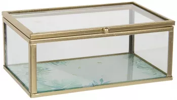 Caseta bijuterii din sticla transparenta si metal auriu 14 cm x 8 cm x 6 h 