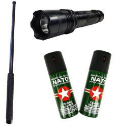 Kit autoaparare Baston Telescopic Lanterna Electrosoc cu laser si 2 Spray-uri Nato 