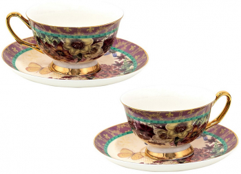 Set 2 cesti cu farfurioara din portelan Flowers 12x10x6 cm Ø 15x2 cm 