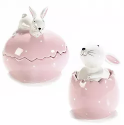 Set 2 oua cu capac model Iepuras din ceramica roz 12x10x14 cm 