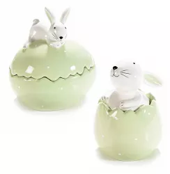 Set 2 oua cu capac model Iepuras din ceramica verde 12x10x14 cm 