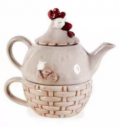 Set ceainic cu ceasca din ceramica bej model Gaina 17x12x16 cm 