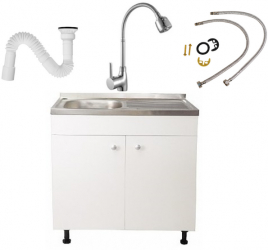 Set Masca Chiuveta Alba 80 cm X 50 cm X 80 cm Chiuveta inox Baterie lebada flexibila si Sifon scurgere