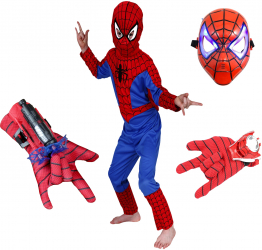 Set costum Spiderman marime 7-9 ani doua lansatoare si masca plastic LED rosu 