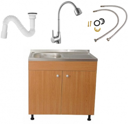 Set Masca Chiuveta Stejar 80 cm X 50 cm X 80 cm Chiuveta inox Baterie lebada flexibila si Sifon scurgere 