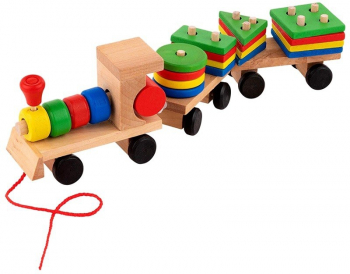 TRENULET LEMN CU 2 VAGOANE SI FORME GEOMETRICE Wooden Toys 