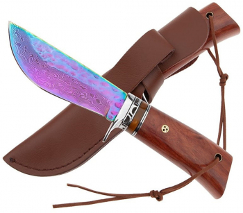 Cutit de vanatoare IdeallStore® Rose Accuracy otel damasc 22 cm lemn trandafir multicolor husa piele 