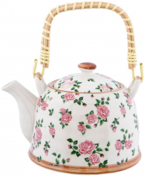 Ceainic din ceramica alba decorata cu trandafiri roz 18 cm x 14 cm x 12 h / 0.7 L 