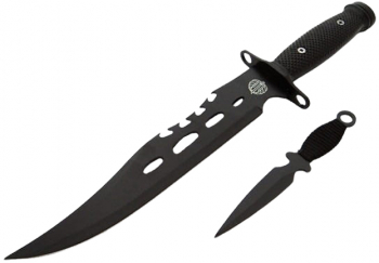 Cutit de vanatoare IdeallStore® Goldur Blade 36 cm negru husa piele cutit aruncat inclus 