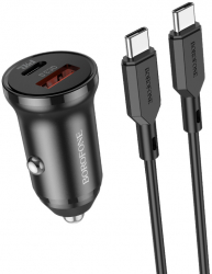Incarcator auto Borofone BZ18A pentru telefon sau tableta - USB TYPE C - PD 20W QC 3.0 18W cu cablu tip C la tip C inclus negru