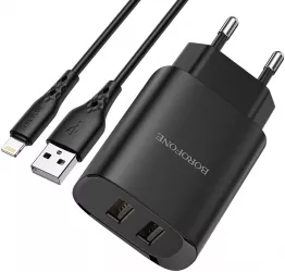 Incarcator Retea Alimentator 2 x USB 2.1A pentru iPhone cu Cablu tip Lightning 1m - Borofone 
