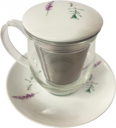 Cana cu infuzor farfurie si capac Pentru ceai Sticla/Inox/Portelan Imprimeu Lavanda 350 ml Natur/Imprimeu floral 