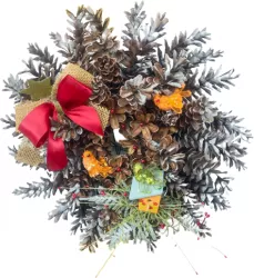 Coronita pentru Craciun Handmade Conuri naturale de brad Rotunda Casuta cu pasarele 50 cm Maro-patinat/Portocaliu multicolor 
