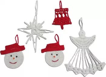 Set 5 globuri crosetate pentru bradul de Craciun HANDMADE bumbac alb si rosu 