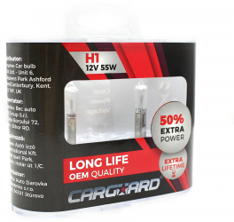 CARGUARD - Set de 2 becuri Halogen H1 55W +50 Intensitate - LONG LIFE 