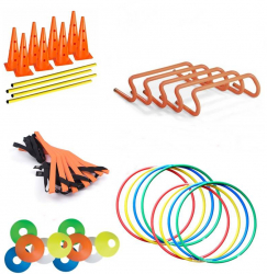Set pentru antrenament 10 cercuri gimnastica set 5 obstacole 50 copete / jaloane 8 conuri + 4 baghete 1 scarita