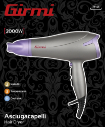 Uscator de par Girmi PH21 cu 2 viteze si 3 trepte temperatura 2200W concentrator aer functie cool shot violet-gri 
